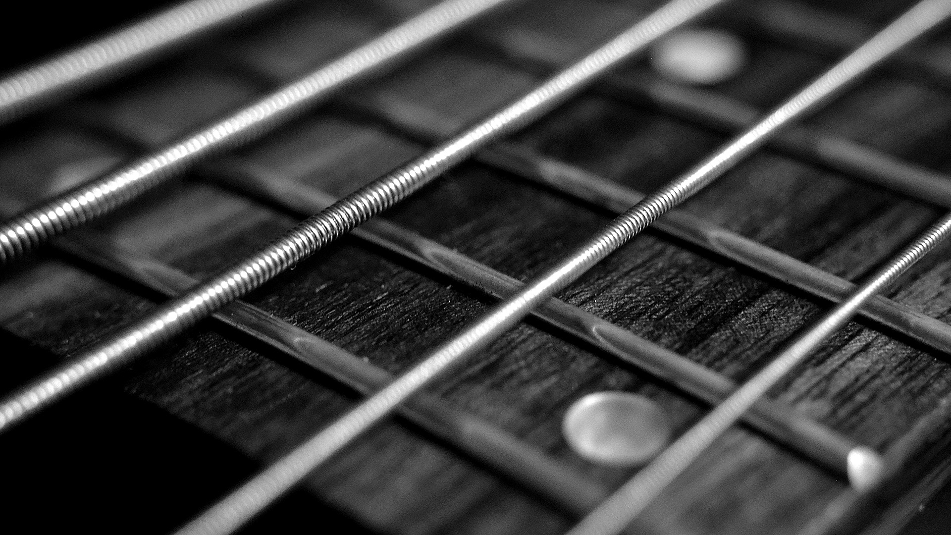 The fretboard of a bass guitar